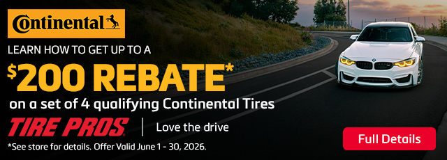 Continental Tires promo: up to $200 rebate on a set of 4 qualifying tires; white car on a winding road at sunset, Full Details button.