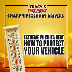 Tracys Tire Pros Smart Tips Extreme Heat Weather | Tracy's Automotive and Tires Video thumbnail for Tracy's Tire Pros about extreme Wichita heat and protecting your vehicle, showing a thermometer on the left and bold title text on a yellow sunset background